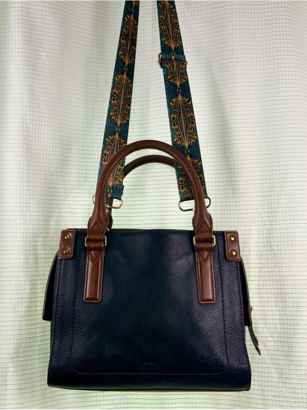 Fossil Claire Black Pebbled Leather Satchel | Brown Trim + Boho Strap